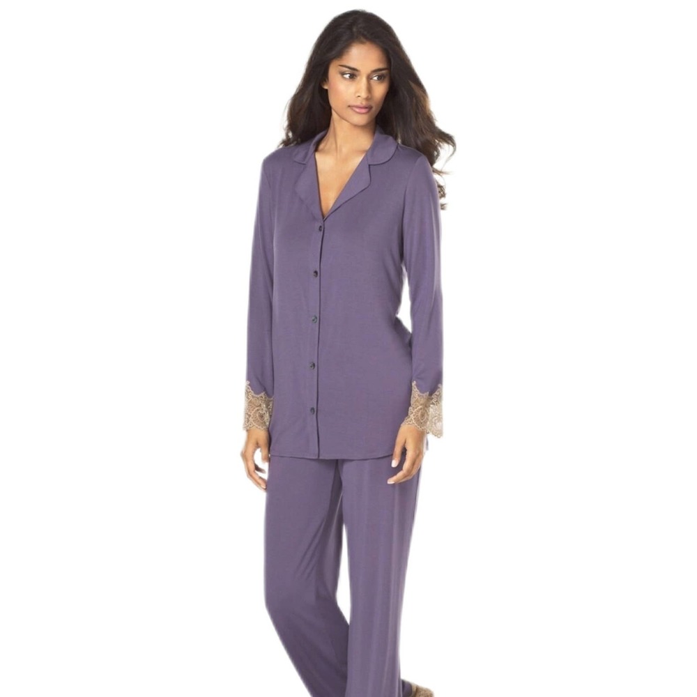 Soma Cool Nights Long Seeve Pajama Purple Top with Tan Lace NWT Large